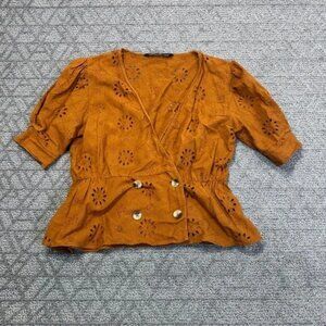Zara Eyelet Top Blouse Small S Orange 3/4 Sleeve Wrap Peplum Boho Chic